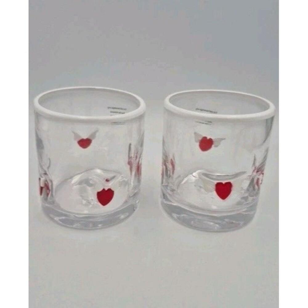 2 Anthropologie Clear Winged Heart Icon Juice Glasses Valentine Rocks Cocktail